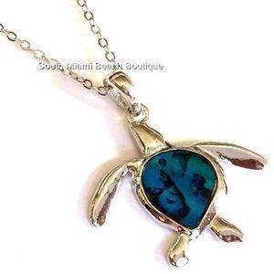 Blue Abalone Shell Sea Turtle Necklace Nautical Island Surfer Silver Plated